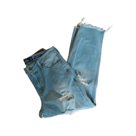 Hollister Ultra High-Rise Mom Jean Distressed Light Wash Raw Hem Sz 13R - Picture 2 of 11